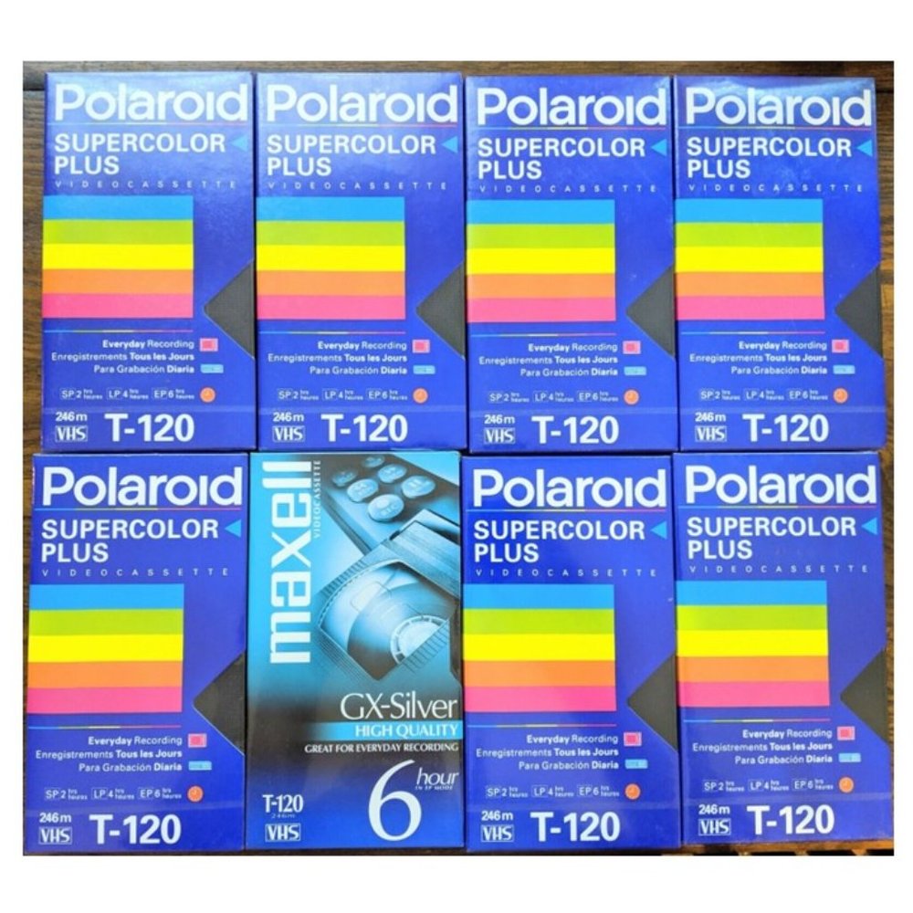 VHS Video Cassette 7 Blank Tapes Polaroid Supercolor + 1 Maxell T-120 6 Hr NEW